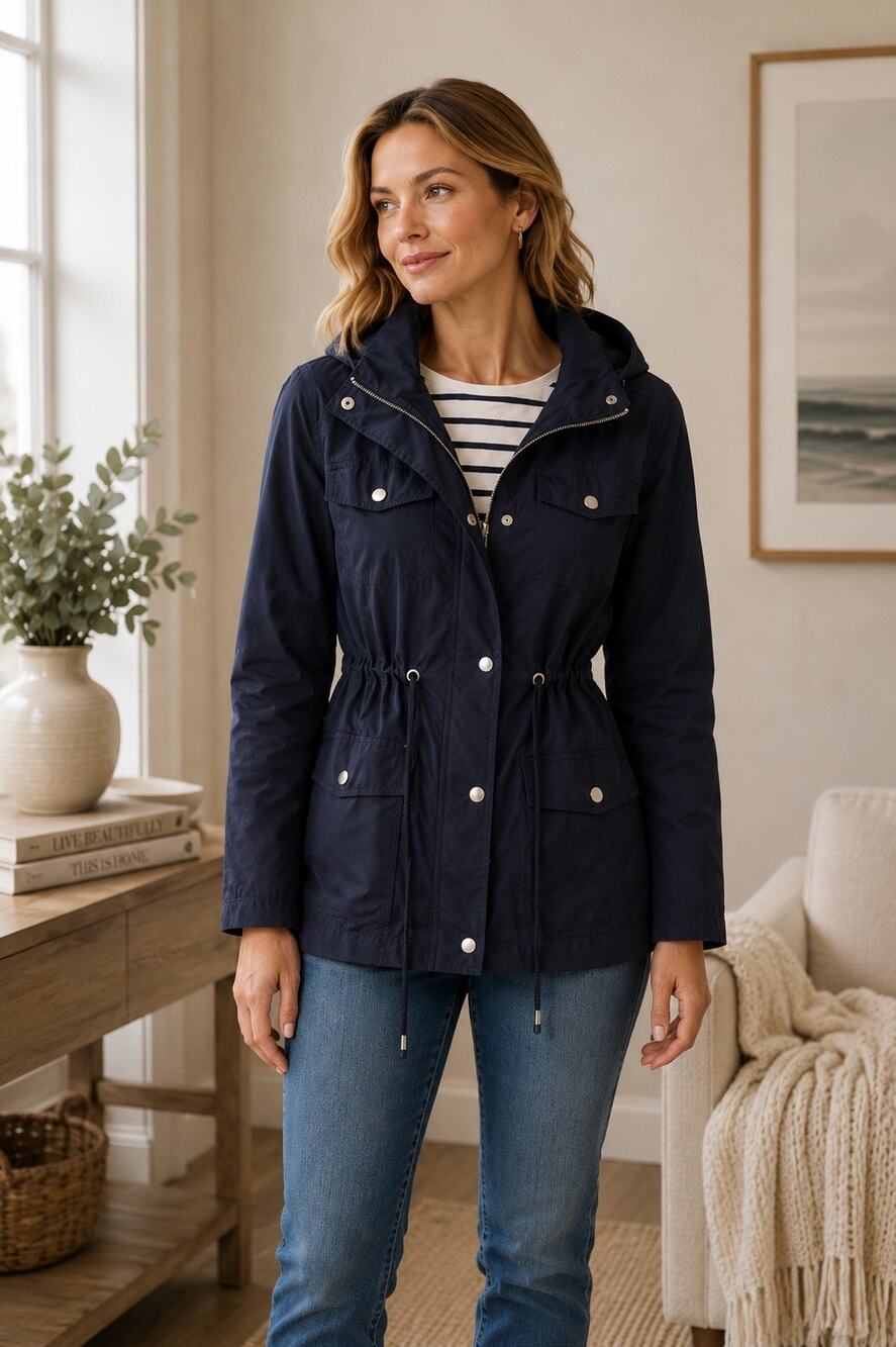 Outer Edge Navy Utility Hooded Anorak Drawstring Waist Jacket S